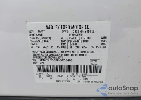 2017 Ford Explorer Xlt from USA, damaged, VIN 1FM5K8D80HGE38496